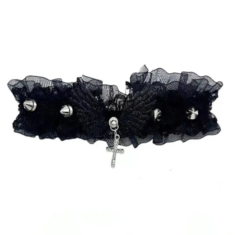 Lace necklace with black angel wing pendant