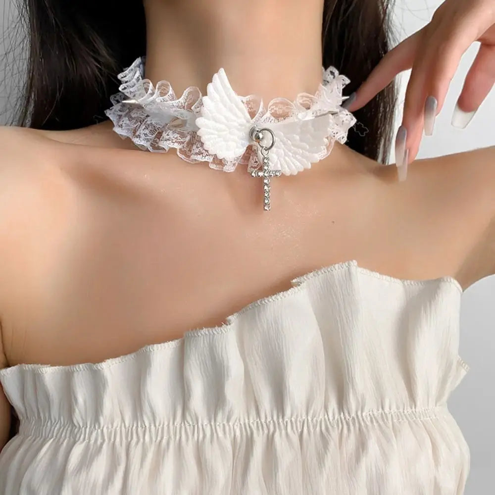 Lace necklace with white angel wing pendant