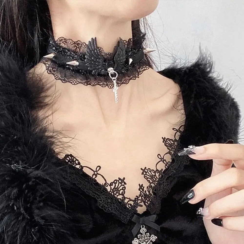 Lace necklace with black angel wing pendant