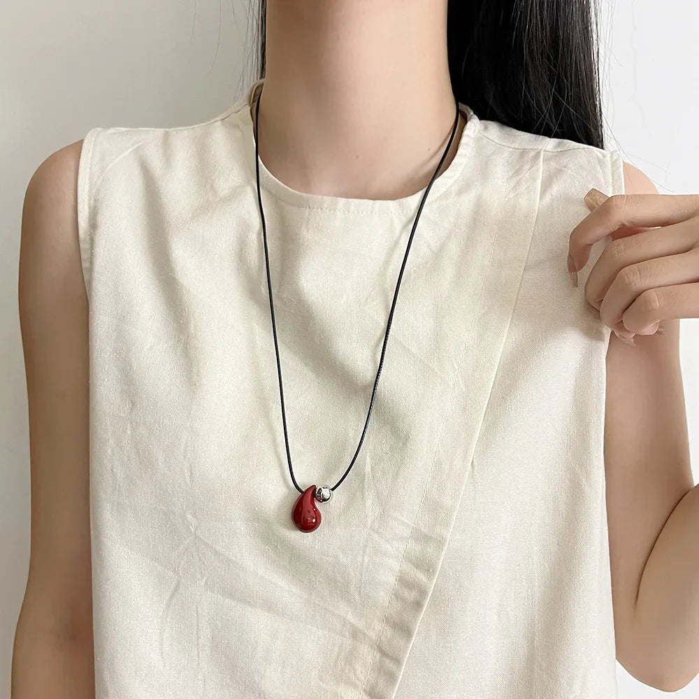 Red Water Drop Pendant Cord Necklace