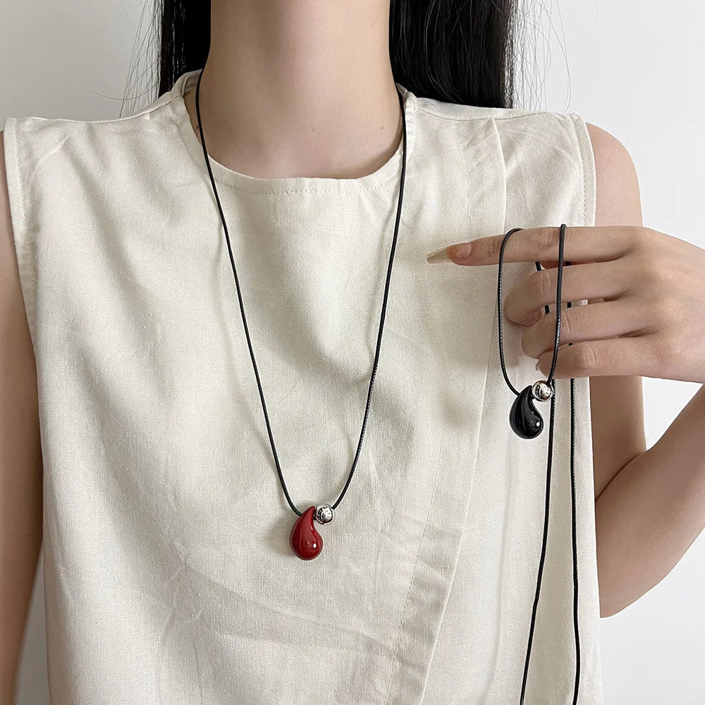 Red Water Drop Pendant Cord Necklace