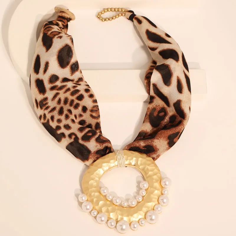 Fabric Necklace with Leopard Boho Chic Pendant
