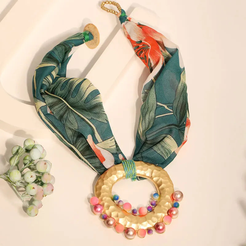 Fabric Necklace with Green Boho Chic Pendant