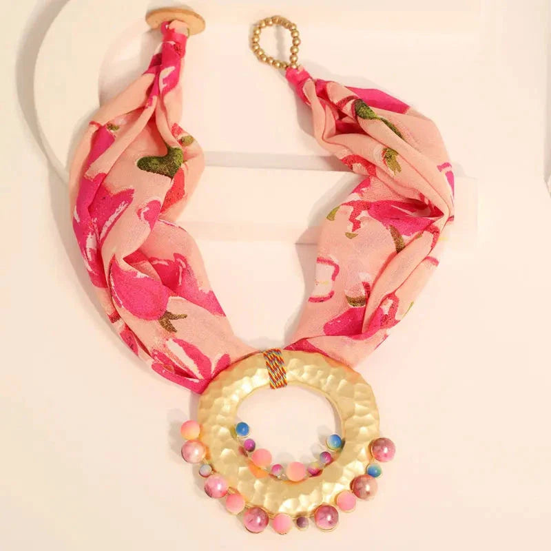Fabric Necklace with Pink Boho Chic Pendant
