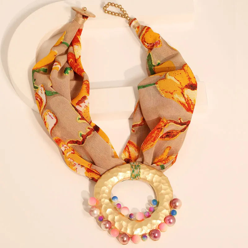 Fabric Necklace with Orange Boho Chic Pendant
