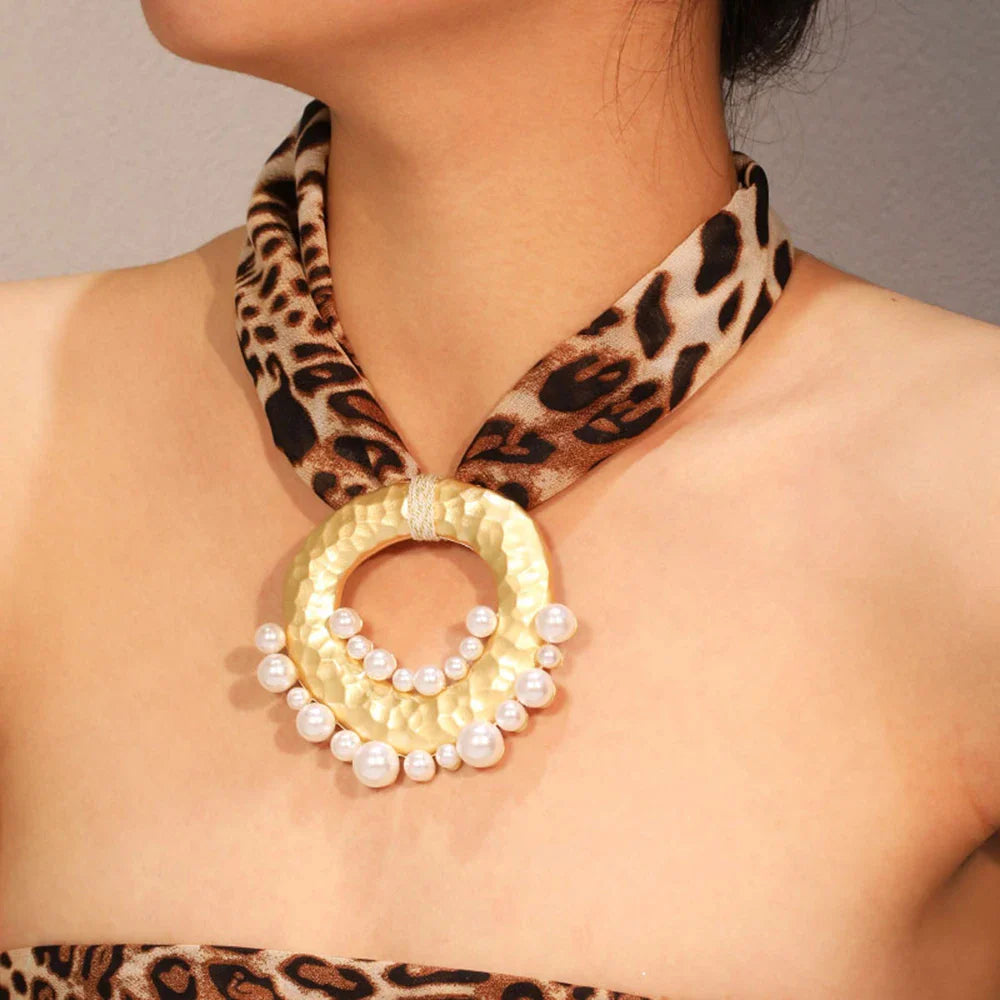 Fabric Necklace with Leopard Boho Chic Pendant