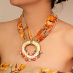 Fabric Necklace with Orange Boho Chic Pendant