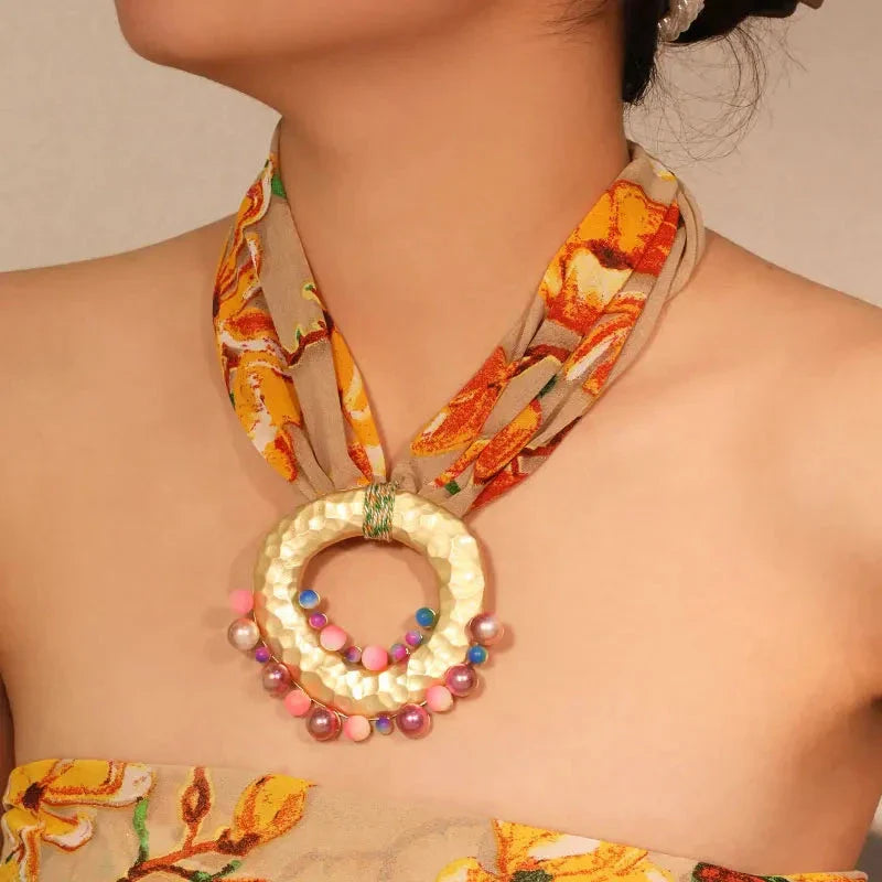 Fabric Necklace with Orange Boho Chic Pendant