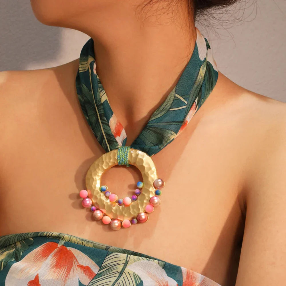 Fabric Necklace with Green Boho Chic Pendant