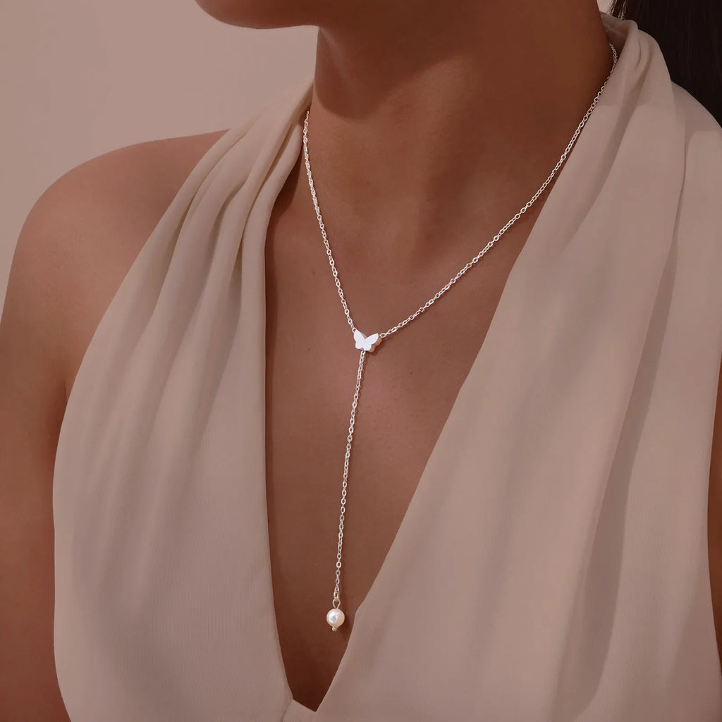 Y necklace - butterfly décolletage chain for women silver
