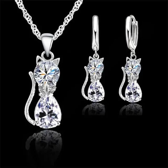 Diamond Cat Necklace and Earrings