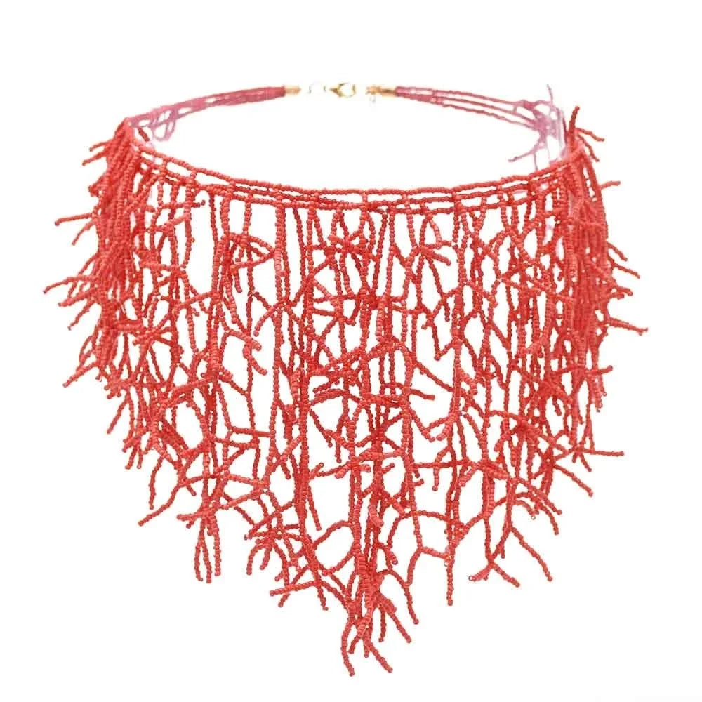 Coral red bib necklace and pendant