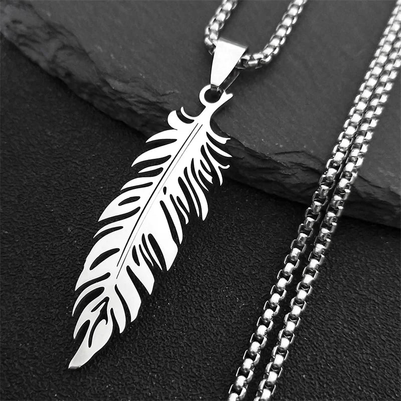 Silver stainless steel feather necklace and pendant