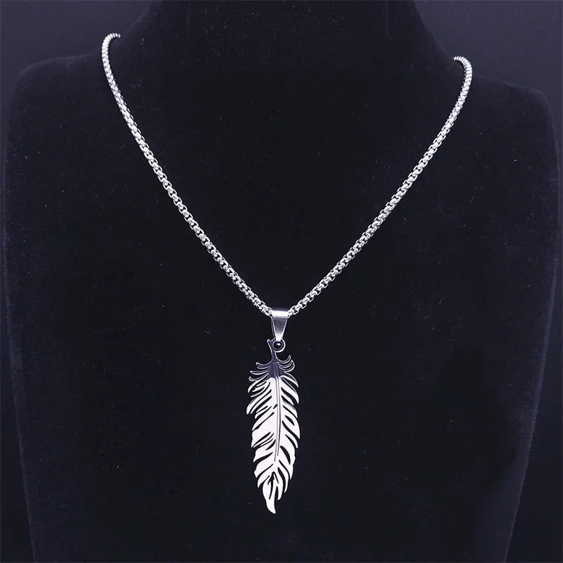 Silver stainless steel feather necklace and pendant