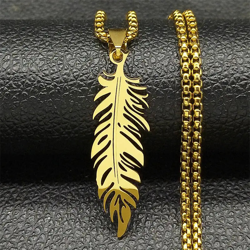 Gold stainless steel feather necklace and pendant