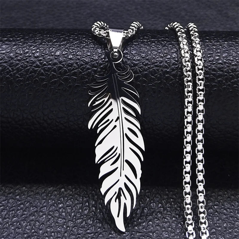 Silver stainless steel feather necklace and pendant