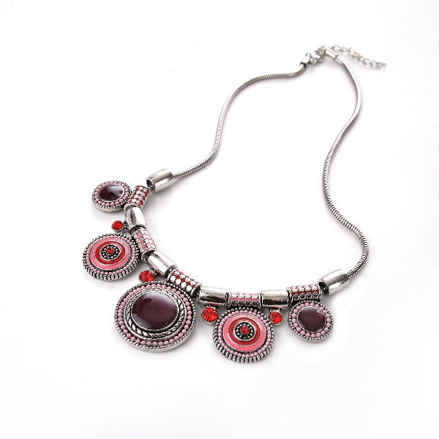 Pink Red Turquoise Silver Ethnic Necklace