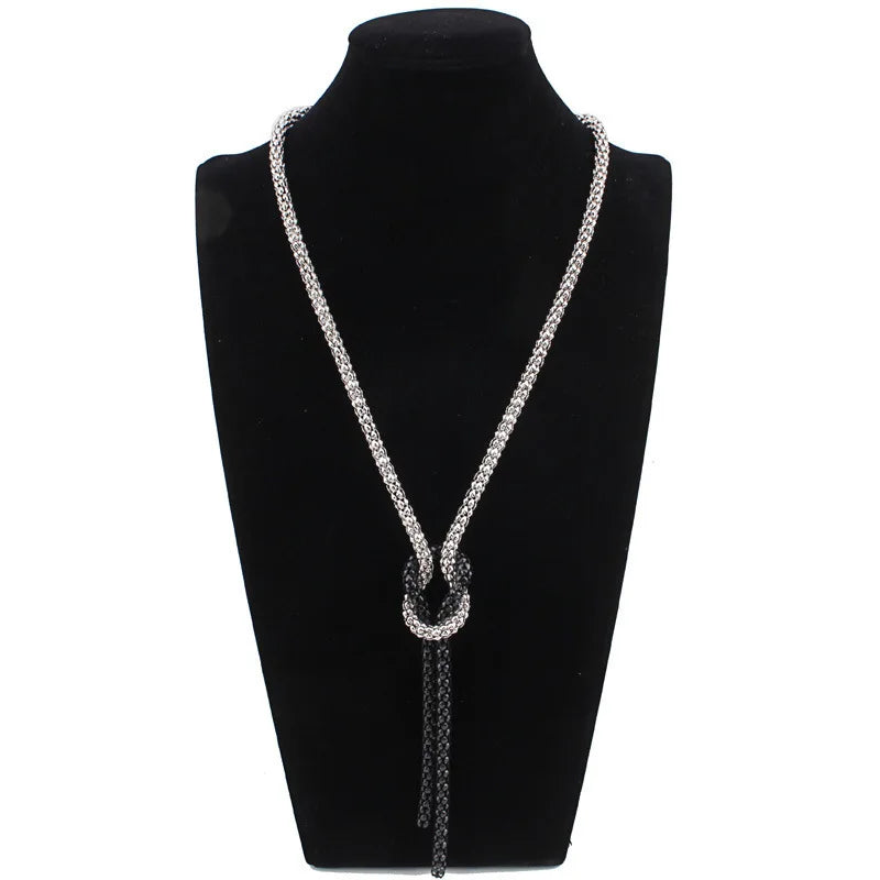 Long Necklace with Knot Pendant in Silver and Black