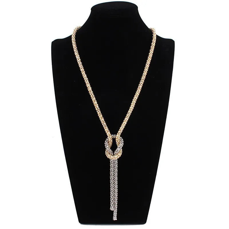 Long Necklace with Knot Pendant in Gold and Silver