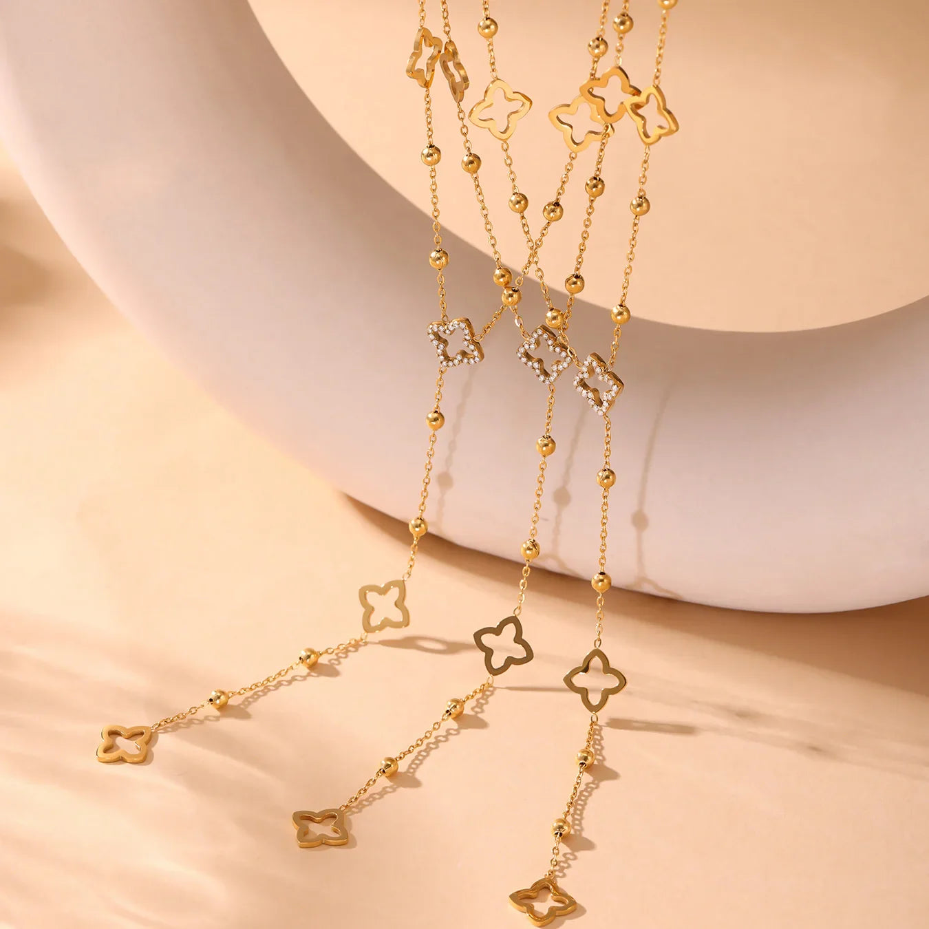 Long Necklace with Four-Leaf Clover and Gold Zircon Pendants