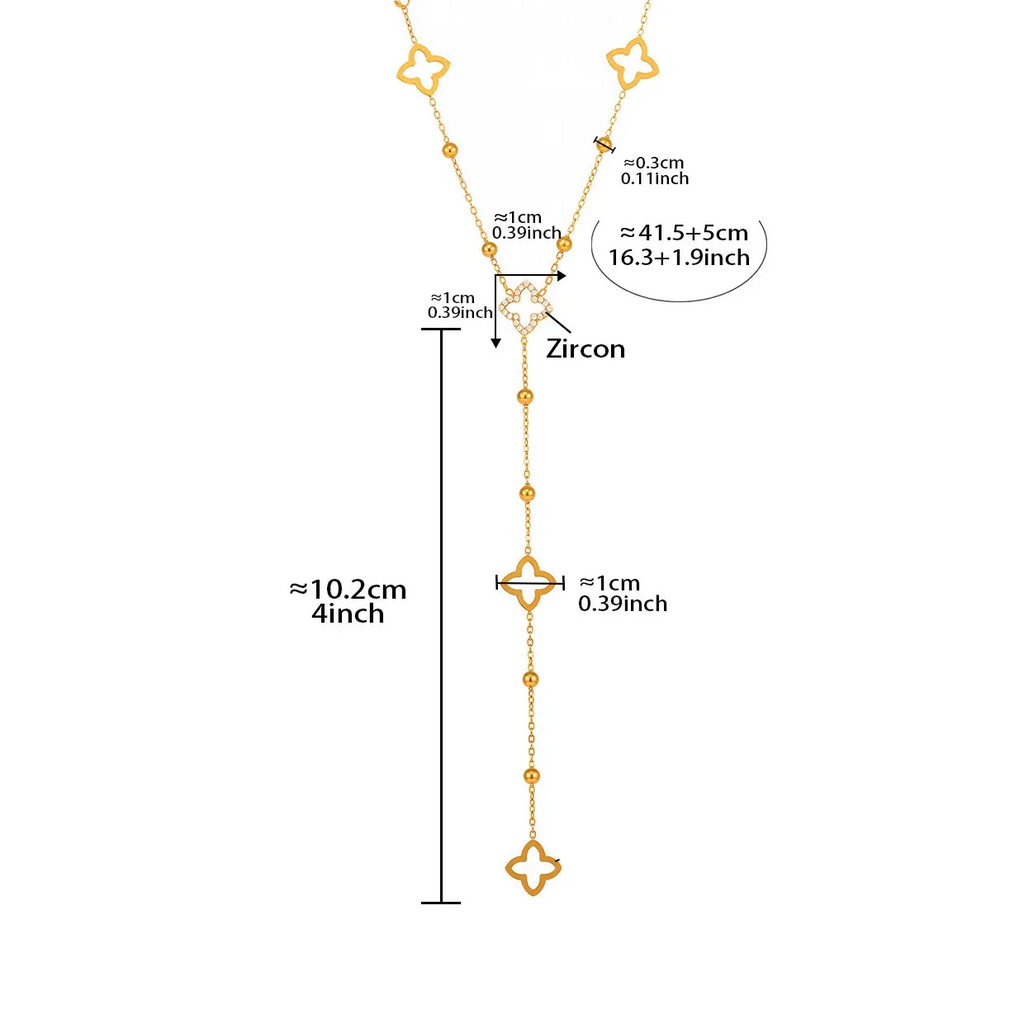 Long Necklace with Four-Leaf Clover and Zircon Pendants