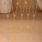Long Necklace with Four-Leaf Clover and Silver Zircon Pendants