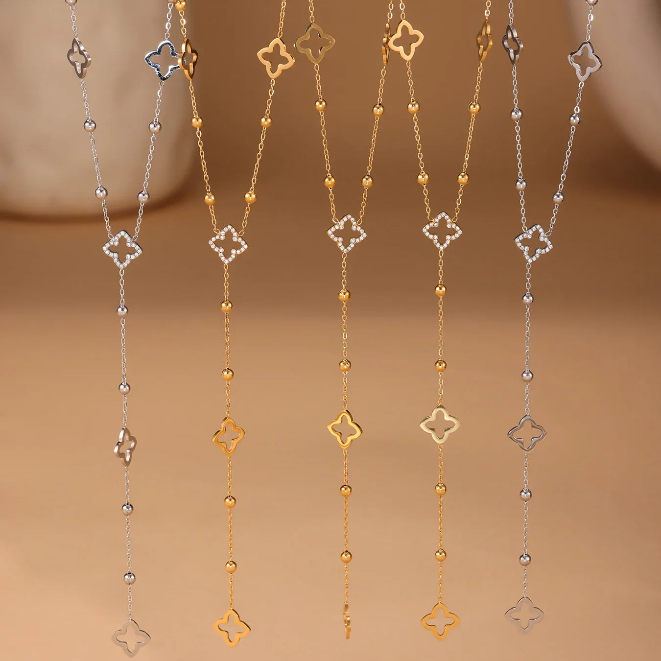 Long Necklace with Four-Leaf Clover and Silver Zircon Pendants