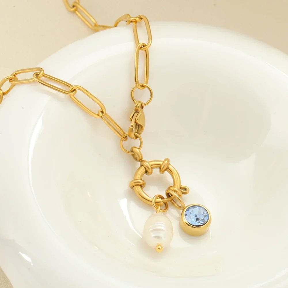Link necklace with pearl pendant and April birthstone