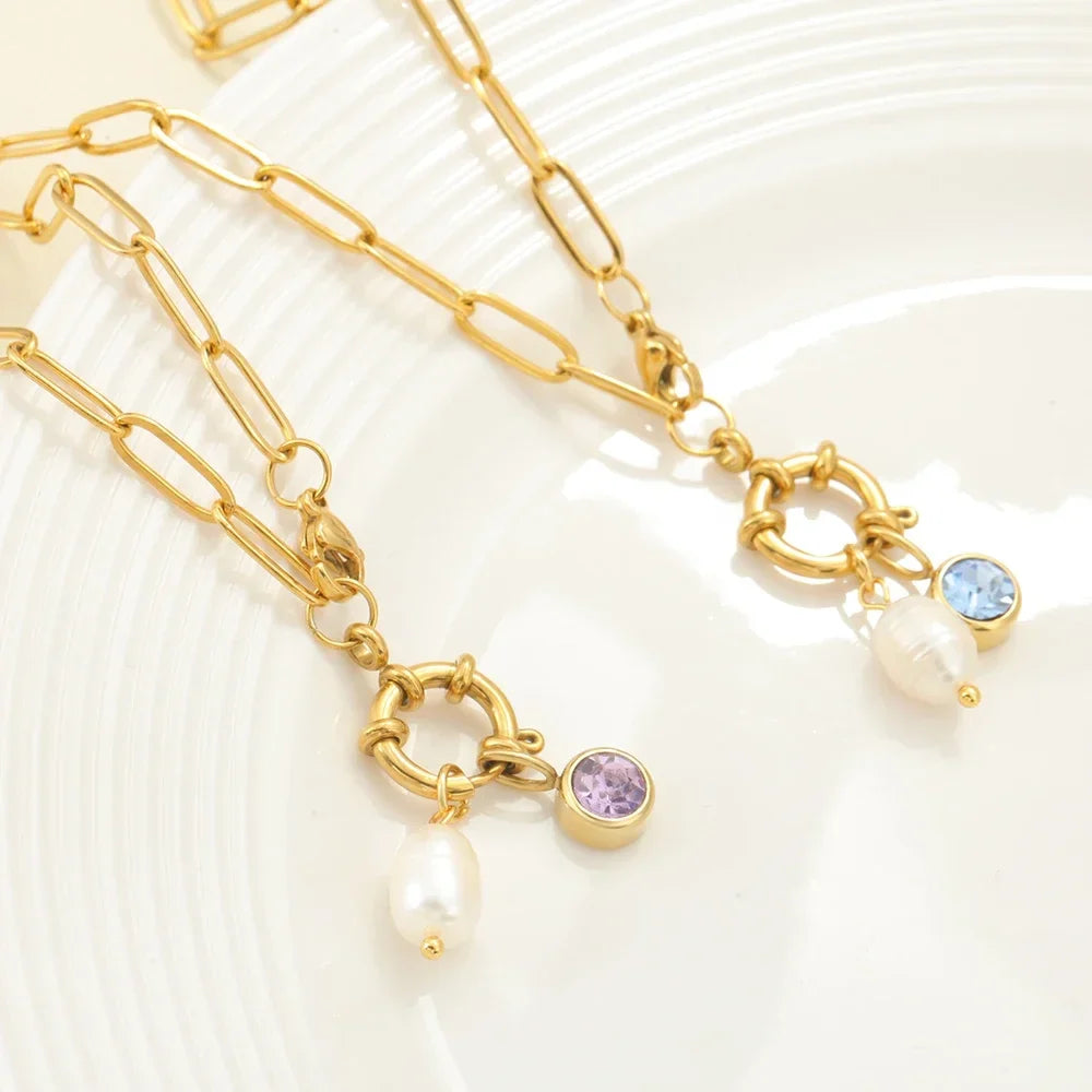 Link necklace with pearl pendant and February birthstone