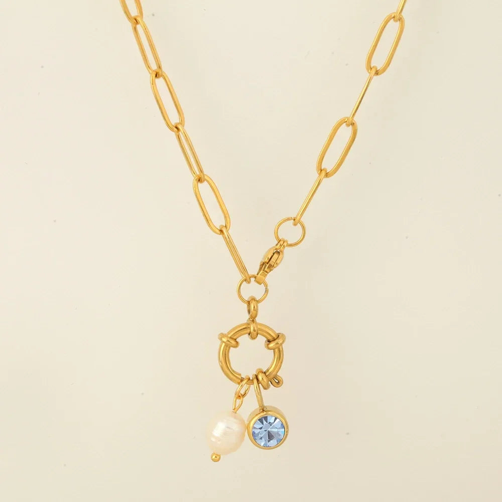 Link necklace with pearl pendant and April birthstone