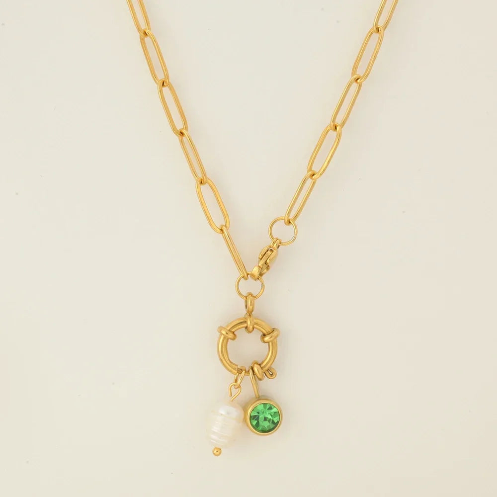 Link necklace with pearl pendant and August birthstone