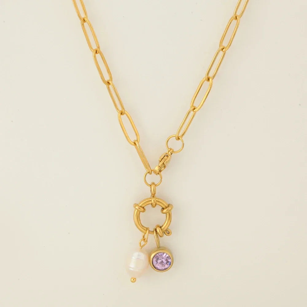 Link necklace with pearl pendant and February birthstone