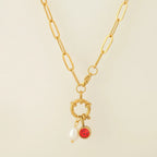 Link necklace with pearl pendant and January birthstone