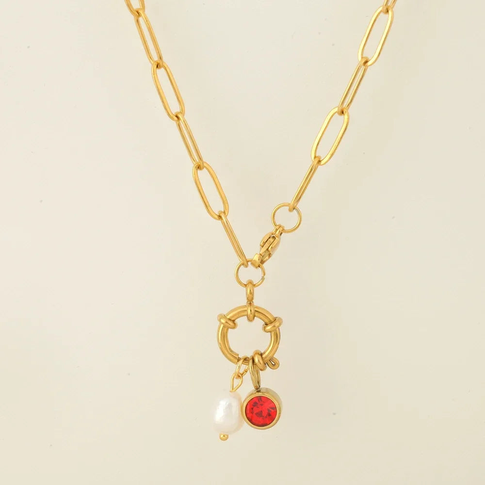 Link necklace with pearl pendant and January birthstone