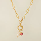 Link necklace with pearl pendant and July birthstone