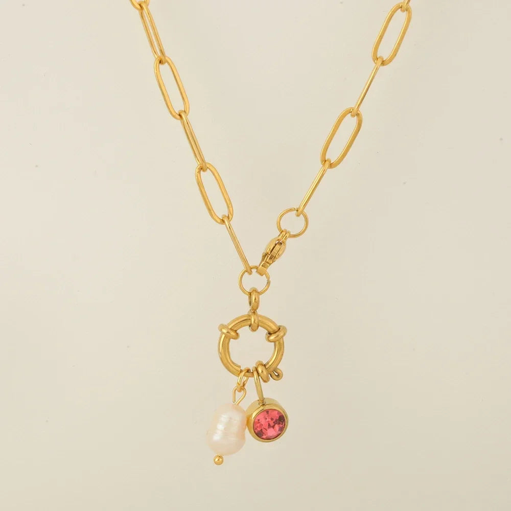 Link necklace with pearl pendant and July birthstone