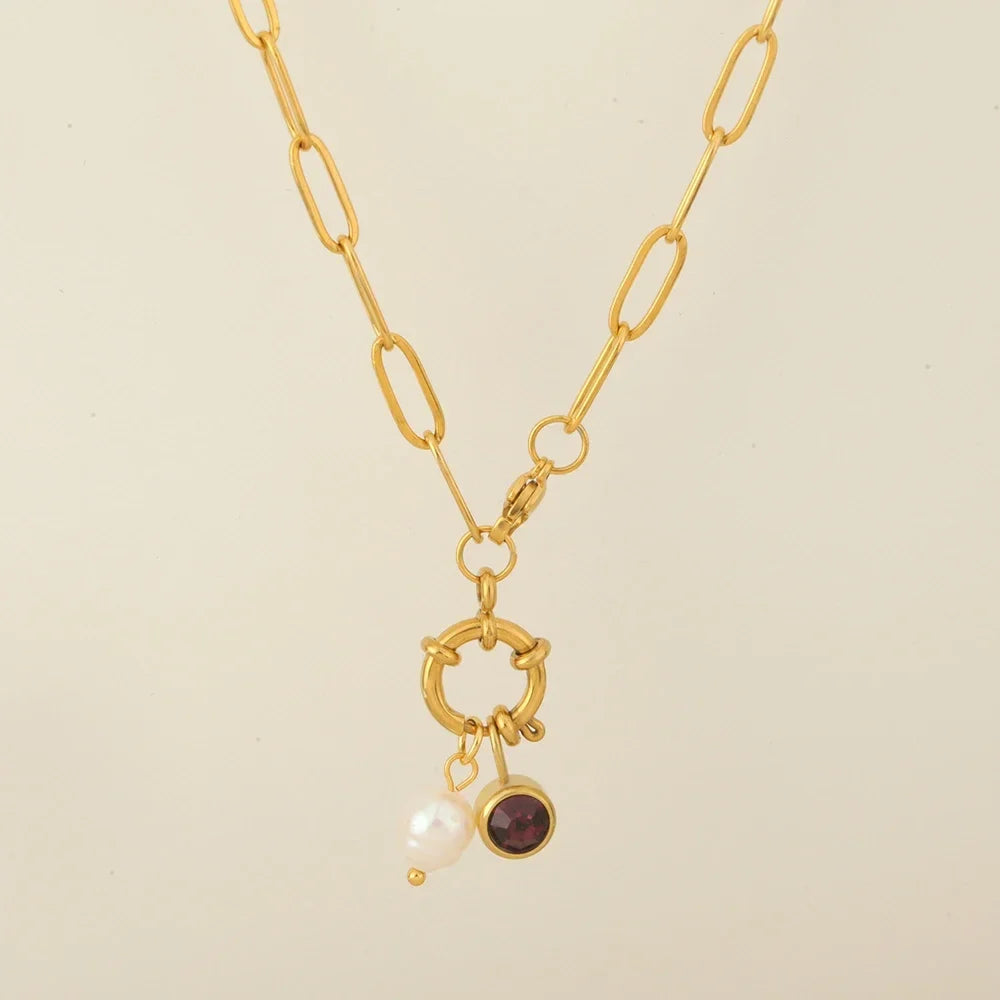 Link necklace with pearl pendant and May birthstone