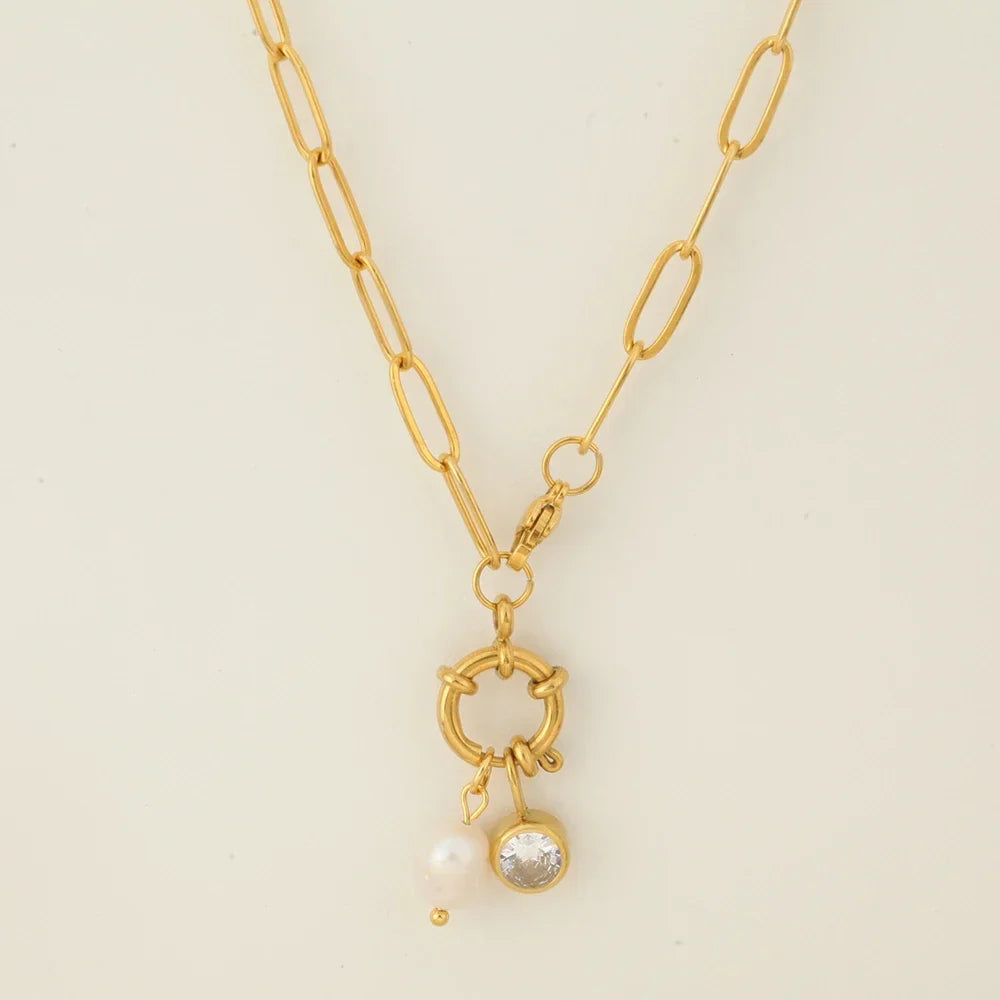 Link necklace with pearl pendant and March birthstone