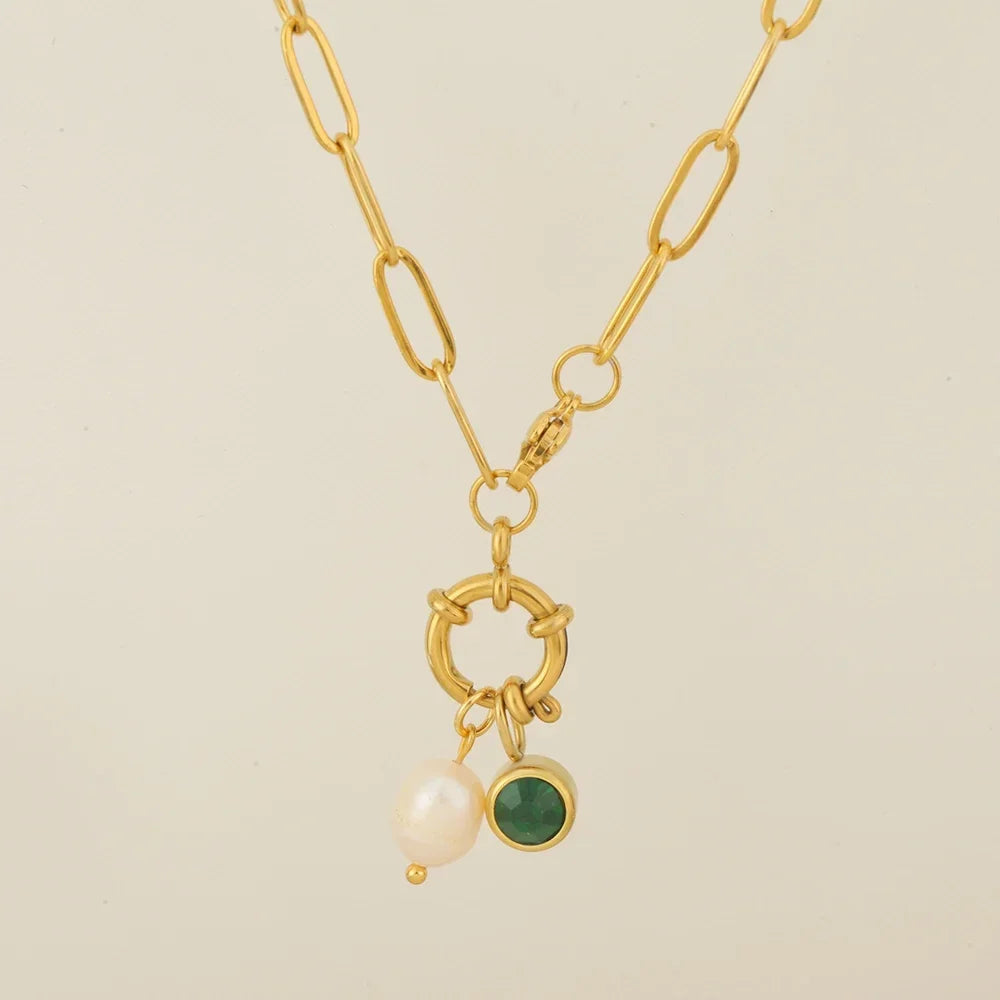 Link necklace with pearl pendant and May birthstone