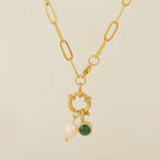 Link necklace with pearl pendant and May birthstone