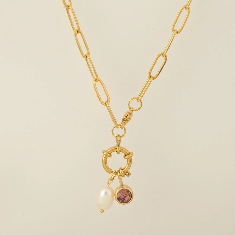 Link necklace with pearl pendant and October birthstone