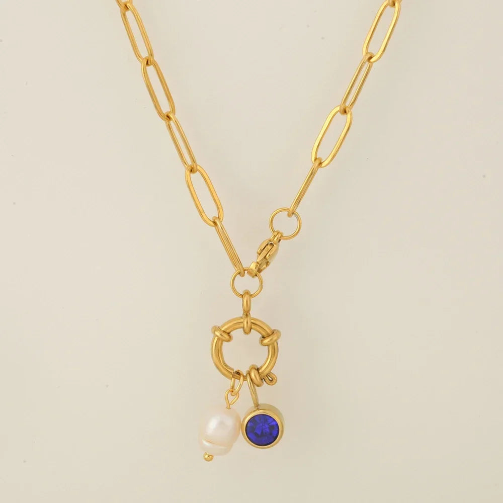 Link necklace with pearl pendant and September birthstone
