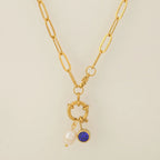 Link necklace with pearl pendant and September birthstone
