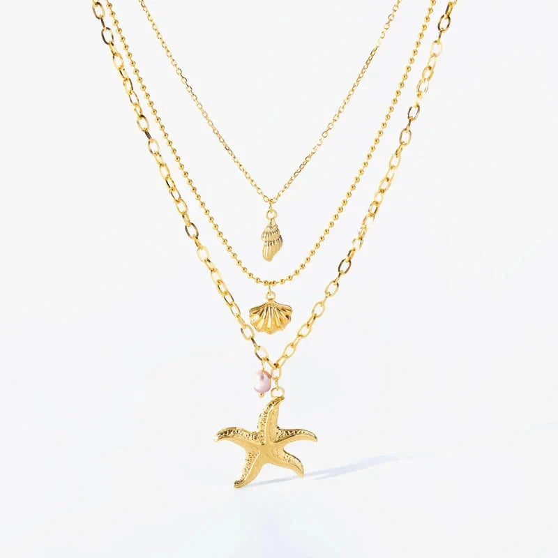 Multilayer Necklace Pendant Shell Starfish Conch Scallop Shell