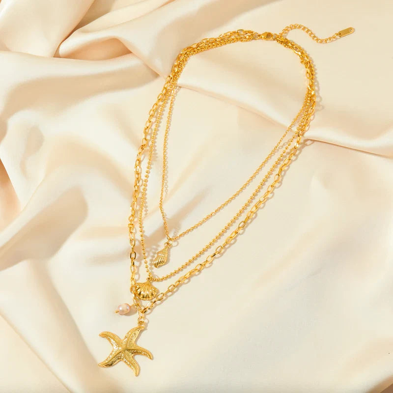 Multilayer Necklace Pendant Shell Starfish Conch Scallop Shell