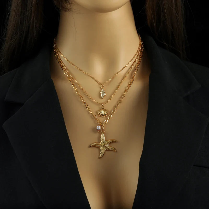Multilayer Necklace Pendant Shell Starfish Conch Scallop Shell