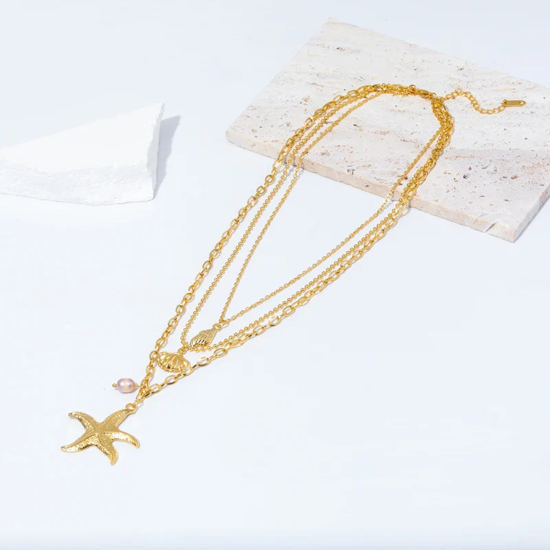 Multilayer Necklace Pendant Shell Starfish Conch Scallop Shell