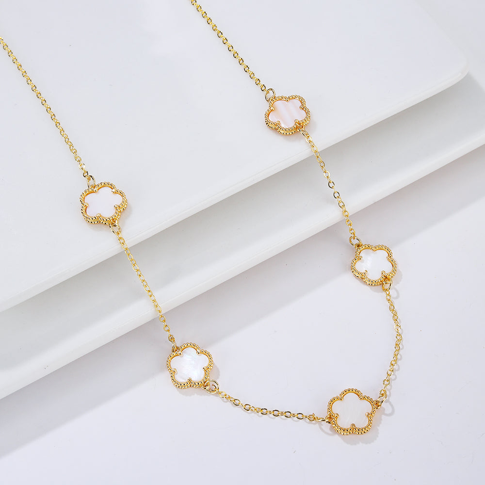 Gold Necklace White Pearly Clover Agate Gift Idea Women's Jewelry