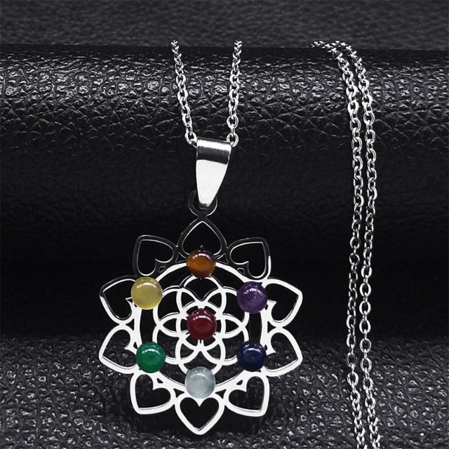 7 Chakras Pendant Necklace Sacred Flower Natural Stones Chain Men Women 1 silver