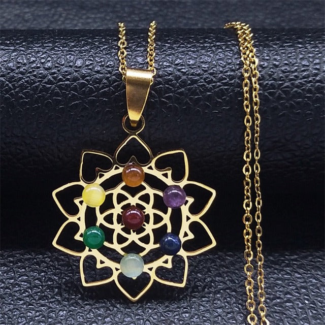 7 Chakras Pendant Necklace Sacred Flower Natural Stones Chain Men Women 1 gold